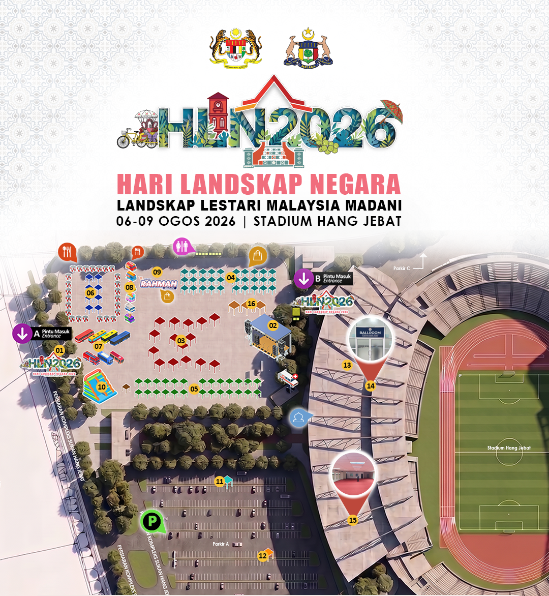 Pelan Laman HLN2026 di Stadium Hang Jebat, Melaka dengan zon bernombor, pintu masuk, parkir dan kemudahan utama.